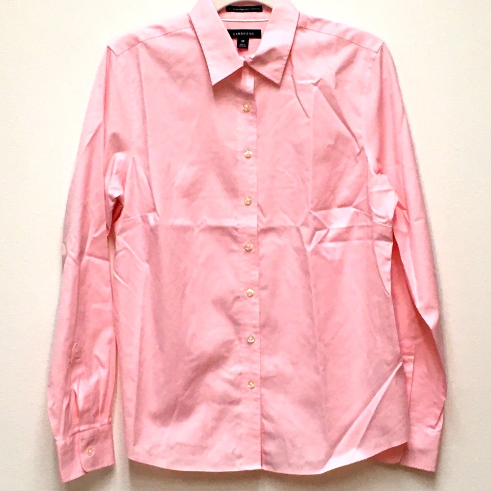 Lands’ End No Iron Pinpoint Oxford Button Up Blouse 10 Pink Office Workwear